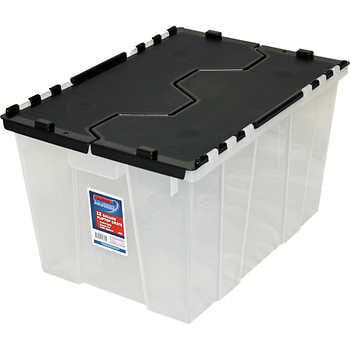 18-Gallon Industrial Plastic Tote with Hinged Lids, Blue - Heavy