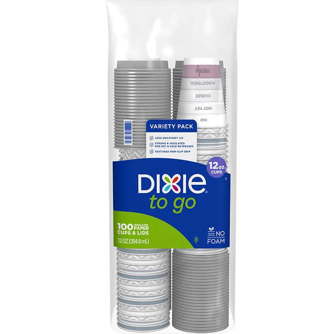 Dixie To Go Insulated Paper Hot Cups and Lids, Variety Pack, 12 oz, 100 ct