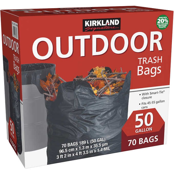 Kirkland Signature Outdoor Trash Bags, 20% PCR, Black, 50 Gallon, 70 ct