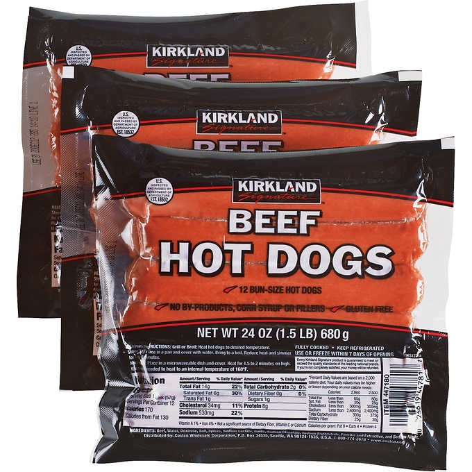 Kirkland Signature Beef Hot Dogs, 12 Links, 1.5 lbs, 3 ct