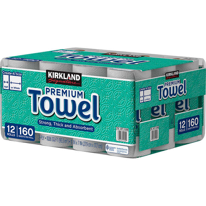 Kirkland Signature 2-Ply Paper Towels, White, 160 Create-A-Size Sheets, 12  ct