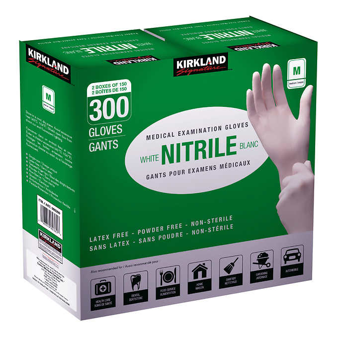 Kirkland Signature Medium White Nitrile Examination Gloves, 2 packs of 150